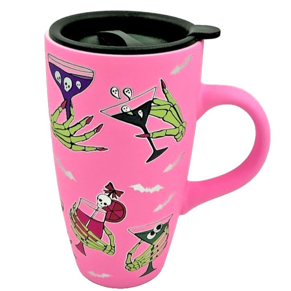 Pink Halloween Travel Mug w Lid Skeleton Hands Bats Spooky Gothic Cup